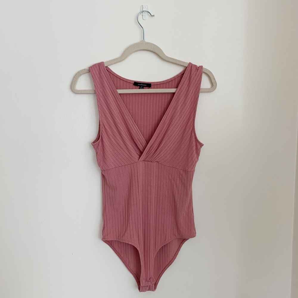 Ambiance Pink V-Neck Soft Ribbed Bodysuit, M